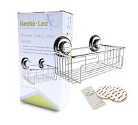 LitoutletGecko-Loc Heavy Duty Rustproof Suction Cup Bath Shower Caddy Deep Storage Basket and Shelf - Stainless Steel - Chrome