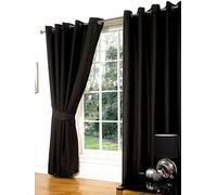 Littens 66" x 108" (168cm x 274cm) Luxury Black Faux Silk Slubb Effect Eyelet, Ring Top Pair Curtains, Lined Inc Tiebacks Lightweight