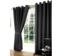 Littens 66" x 90" (168cm x 228cm) Luxury Charcoal Slate Grey Faux Silk Slubb Effect Eyelet, Ring Top Pair Curtains, Lined Inc Tiebacks Lightweight
