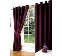 Littens 90" x 108" (228cm x 274cm) Luxury Aubergine Purple Faux Silk Slubb Effect Eyelet, Ring Top Pair Curtains, Lined Inc Tiebacks Lightweight