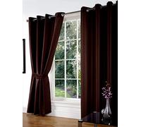 Littens 90" x 108" (228cm x 274cm) Luxury Chocolate Brown Faux Silk Slubb Effect Eyelet, Ring Top Pair Curtains, Lined Inc Tiebacks Lightweight