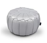 Littens Metallic Silver Soft Faux Leather Round Moroccan Footstool Pouffe Bean Bag, Living Room Decorative Seat, Piped Detailing (50cm x 30cm)