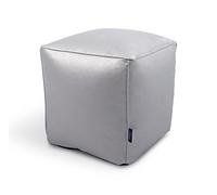 Littens Metallic Silver Soft Faux Leather Square Cube Footstool Ottoman Pouffe Bean Bag, Living Room Decorative Seat, Piped Detailing (41cm x 41cm x 41cm)