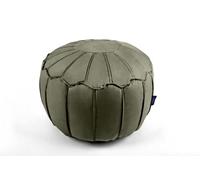 Littens Olive Green Round Moroccan Footstool Bean Bag, Soft Luxury Velvet, Ottoman Pouffe, Living Room Decorative Seat, Patchwork, Piped (50cm x 30cm)