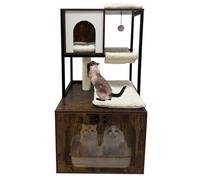Litter Box Enclosure with Cat Tree, Corner Kitty Litter Box Enclosure Furniture Dog Proof Wooden Cats Cabinet with Condo, Plush Hammock, Scratching Post and Play Ball
