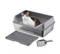 Litter Box Stainless Steel XXL Litter Box Cat Litter Tray 38L Large Stainless Steel Cat Litter Tray High Rim Cat Litter Tray with Scoop and Mat, Easy to Clean, 60 x 40 x 30 cm, Dark Grey