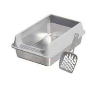 Litter Boxes For Cat - Stainless Steel Kitten Toilet Pan, Raised Wall Anti Scatter Bin, Wash Friendly Care Solution, Scoop Included | For Medium Large Cat Apartment Terrace Balcony Garden