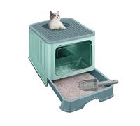 Litter Pan Enclosed Cat Potty, Foldable Litter Box with Lid, Top Entry Anti-Splashing Toilet, Easy to Clean(Green)