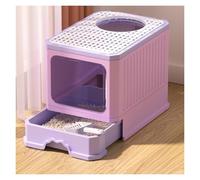 Litter Pan Foldable Cat Litter Box with Lid, with Scoop, Top Entry Anti-Splashing Toilet, Covered Kitty, Two-Way and Exit, Drawer Design(Purple)