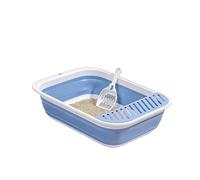 litter tray Portable Semi-Enclosed Shallow Litter Box Collapsible Open-Top Litter Pan Easy to Clean Kitten Toilet large(Blu,S)
