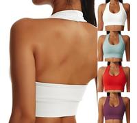 Litthing Backless Sports Bra Women Halter Neck Seamless Bralette Middle Impact Support Padded Bras Comfort Wireless Gym Tank Tops Yoga Workout Sexy Crop Top White