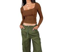 Litthing Women Basic Long Sleeve Tops Square Neck Slim Fit T Shirt for Women Solid Color High Elasticity Y2K Crop Top Sexy Tight Low Cut Ladies Going Out Tops Brown