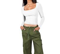 Litthing Women Basic Long Sleeve Tops Square Neck Slim Fit T Shirt for Women Solid Color High Elasticity Y2K Crop Top Sexy Tight Low Cut Ladies Going Out Tops White