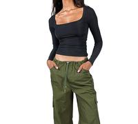 Litthing Women Basic Long Sleeve Tops Square Neck Slim Fit T Shirt for Women Solid Color High Elasticity Y2K Crop Top Sexy Tight Low Cut Ladies Going Out Tops Black