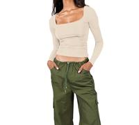 Litthing Women Basic Long Sleeve Tops Square Neck Slim Fit T Shirt for Women Solid Color High Elasticity Y2K Crop Top Sexy Tight Low Cut Ladies Going Out Tops Apricot