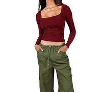 Litthing Women Basic Long Sleeve Tops Square Neck Slim Fit T Shirt for Women Solid Color High Elasticity Y2K Crop Top Sexy Tight Low Cut Ladies Going Out Tops Claret