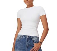 Litthing Women's Basic Slim Fit T-Shirts Ladies Crop Tops Crew Neck T-Shirt Solid Black White Going Out Tops for Women UK Y2K Short Sleeve Shirts