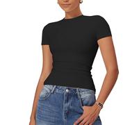 Litthing Women's Basic Slim Fit T-Shirts Ladies Crop Tops Crew Neck T-Shirt Solid Black White Going Out Tops for Women UK Y2K Short Sleeve Shirts