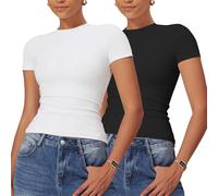 Litthing Women's Basic Slim Fit T-Shirts Ladies Crop Tops Crew Neck T-Shirt Solid Black White Going Out Tops for Women UK Y2K Short Sleeve Shirts