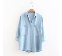LITTLA Blouses For Women Uk, Women Long Tencel Denim Shirt Blouse Casual Light Blue Thin Wash Faded V Neck Shirt Tops Fashion 3/4 Sleeve Button Down Blouses Office Work Blouses Tops With Pocket,Xl