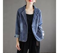 LITTLA Jackets For Women Uk, Women'S Denim Blazer Jacket Vintage Blue Wash Faded Lapel Long Sleeve Button Up Jean Coat Fashion Loose Short Distressed Denim Coat Casual Outwear Tops,L