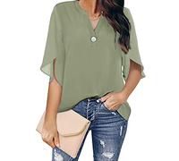 LITTLA Womens Blouse, Women Chiffon Blouse Fashion Plain Sage Green V Neck Pullover Shirts Tops Casual Loose Slit 3/4 Sleeve Button Down Blouses Summer Elegant Tunic Tops T Shirts,M