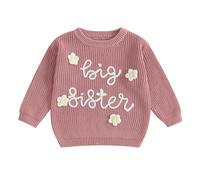 Little Baby Girls Casual Sweater Big Sister Letter Flower Embroidery Long Sleeve Knitwear Round Neck Fall Winter Pullover Top (Rose Pink Flower, 3-4 Years)