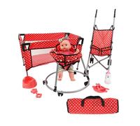 Little Bambino Baby Doll Playset with Stroller, Crib, Walker and Accessories, Red Polka Dot, for Ages 3+