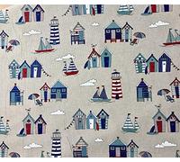 Little Beach Huts Marine Print Fabric - Home Decor Curtain Upholstery Material - 140cm Wide - Blue & Cream (2 Metres)