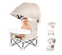 Little Bean Foldable Baby Booster Seat Dining Chair with Detachable Sunshade Travel Portable with Removable Tray for Indoor Outdoor Open Sit Folding Booster Feeding/Camping Chair for Toddler (Beige)