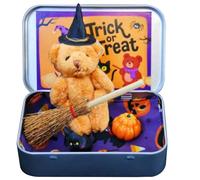 Little Bear in a Box Witch Plush Bear Halloween Mini Figures with Iron Box Broom Cape Pumpkin & Cat for Trick or Treaters Miniature Animals Plush Halloween Mini Figures