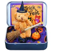 Little Bear in a Box Witch Plush Bear Halloween Mini Figures with Iron Box Broom Cape Pumpkin & Cat for Trick or Treaters