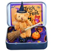 Little Bear in a Box Witch Plush Bear Halloween Mini Figures with Iron Box Broom Cape Pumpkin & Cat for Trick or Treaters