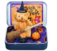 Little Bear in a Box Witch Plush Bear Halloween Mini Figures with Iron Box Broom Cape Pumpkin Cat for Trick or Treaters