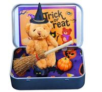 Little Bear in a Box Witch Plush Bear Halloween Mini Figures with Iron Box Broom Cape Pumpkin & Cat for Trick or Treaters, Miniature Animals