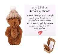 Little Bear in Box with a Hat, Emotional My Little Worry Bear Handmade Pocket Doll Positive Mini Plush Toy with Support Encouragement Card Small Inspirational Animal Gift (Brown)