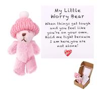 Little Bear in Box with a Hat, Emotional My Little Worry Bear Handmade Pocket Doll Positive Mini Plush Toy with Support Encouragement Card Small Inspirational Animal Gift (Pink)