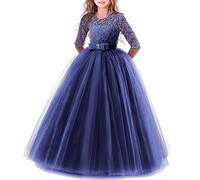 Little Big Girls Lace 3/4 Sleeve Dress Wedding Bridesmaid First Communion Evening Party Floor Length Dress Baby Children Princess Pageant Birthday Prom Carnival Christmas Ball Gown Navy Blue 7-8 Years