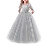 Little Big Girls Lace 3/4 Sleeve Dress Wedding Bridesmaid First Communion Evening Party Floor Length Dress Baby Children Princess Pageant Birthday Prom Carnival Christmas Ball Gown Grey 5-6 Years