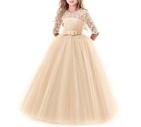 Little Big Girls Lace 3/4 Sleeve Dress Wedding Bridesmaid Holy Communion Evening Party Long Maxi Dresses Baby Child Princess Pageant Birthday Prom Carnival Christmas Ball Gown Champagne 11-12 Years