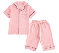Little & Big Girls Pajamas Set Fall Spring Nightwear Cotton Top T-Shirt Pants Kids Button Down Pjs Loungewear 2 Pieces Children Short Sleeve Sleepwear Pink 4-5 Years