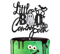 Little Boo Coming Soon Cake Topper, Spooky Baby Shower Cake Decorations, A Little Boo is Almost Due Halloween Baby First Birthday Party Decoration Black Glitter