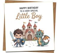 Little Boy 3rd Birthday Card - Knight & Dragon Castle Design, 145mm x 145mm, Cute Kids Greeting Card with Kraft Envelope, for Son, Grandson, Nephew