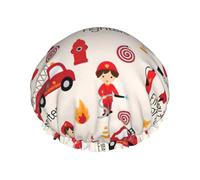 Little Boys and Girls in FireFighters Print Shower Cap for Women & Men â€“ Reusable Double-Layer Bath Hair Cap with Elastic Strap One Size