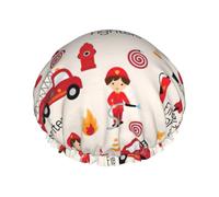 Little Boys and Girls in FireFighters Printed Bathing Hats, Dual Layer Reusable Headgear, Large Hair Cover For Daily Skin Care