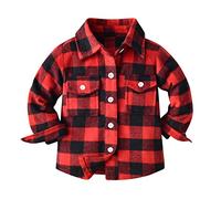 Little Boys Girls Button Down Flannel Plaid Shirt Kids Oversized Long Sleeve Casual Shirts Checked with Chest Pocket for Toddler Boys Girls Classic Dress Jacket Fall Winter Clothes (Red, 18-24 Months)