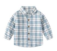 Little Boy's Warm Checked Button-Down Shirt Cotton Kids Long Sleeve Flannel Plaid Shirt School Shirts, Blue 130