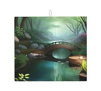 Little Bridge in the East Dish Drying Mat, 16 x 18, Highly Absorbent, Suitable for Kitchen Dish, Drain Rack, Coffee Bar, Hangable