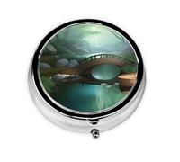 Little Bridge in The East Round Mini Pill Box: 3-Compartment Portable Metal Pill Organizer with Snap Closure, Ideal for Daily Travel Use