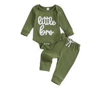 Little Brother Newborn Outfit Embroidery Ribbed Bodysuit Jogger Pants Cute 2Pcs Baby Boy Fall Winter Clothes Welcome Home Baby Announcement 3 6 9 12Months (Army Green, 0-3 Months)